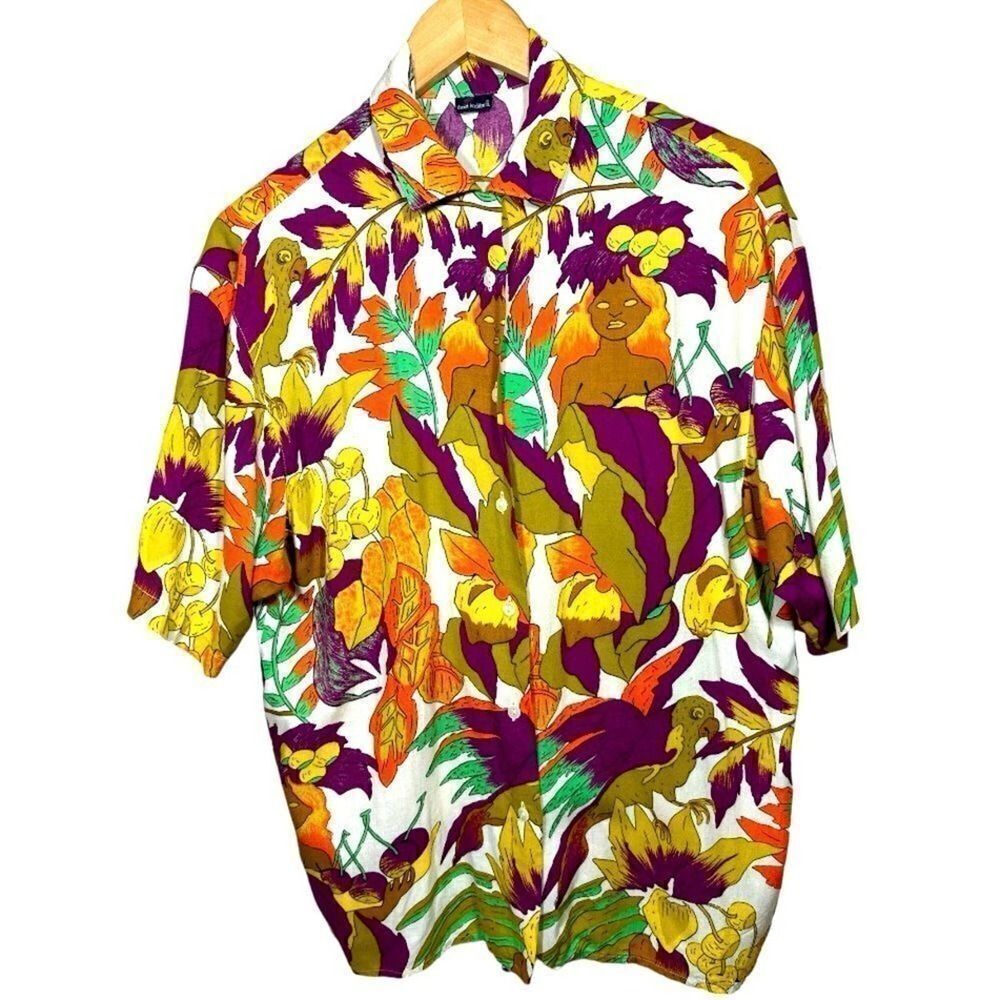 DANIEL HECHTER Unisex Tropical Short Sleeve Button Down Shirt White Size Large